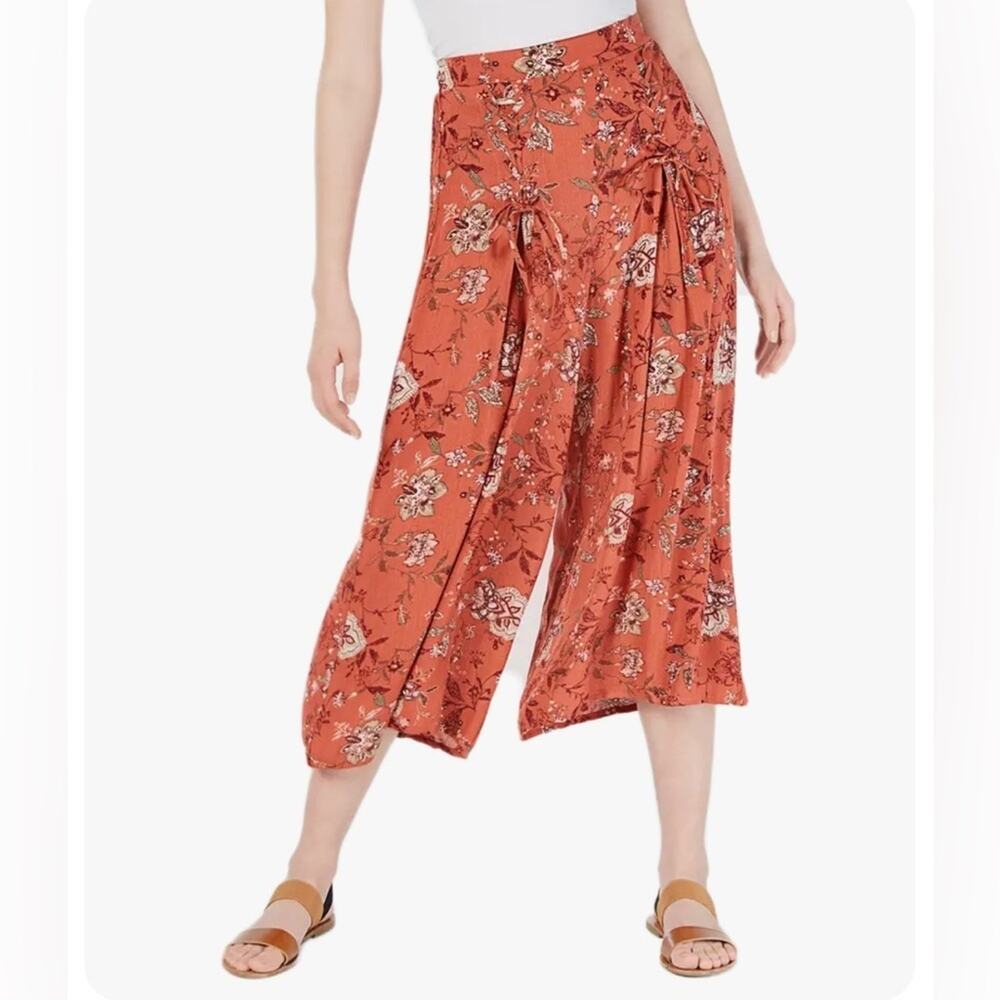 Freshman 1996 Rusty Orange Floral Wide-Leg Loose Pants with Elastic Waist Sz XS